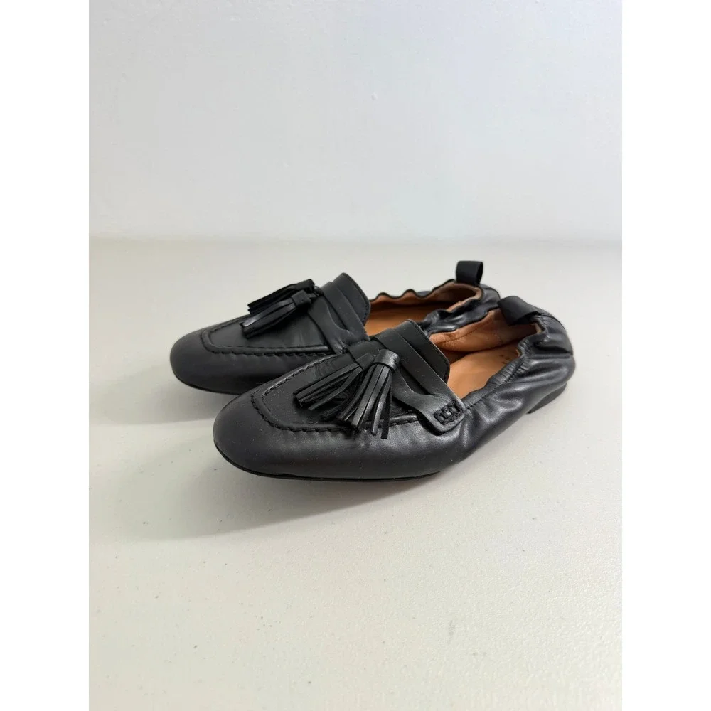 Aquatalia Black Leather Tassel Loafer‎ Flats Elastic Back Made in Italy Size 5.5